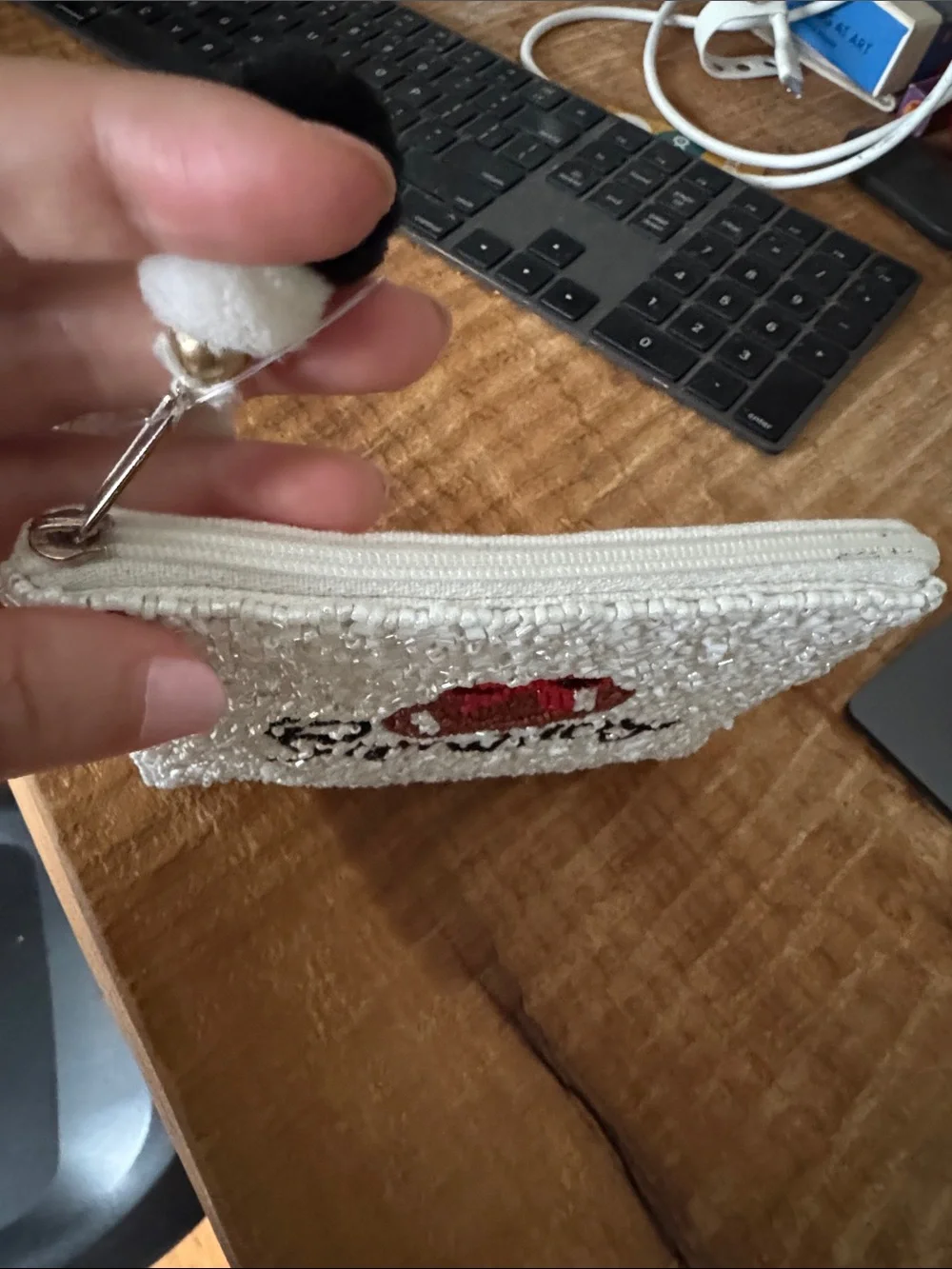Francesca's Collections White Beaded Wallet with Red & Brown Football